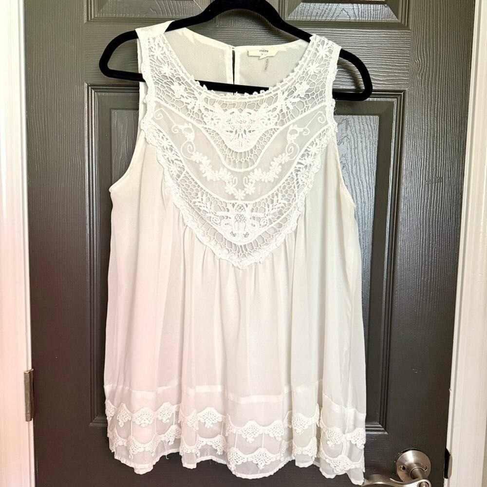 Entro White Crochet Lace Bib Sleeveless Top L Ethereal Romantic Feminine Chic